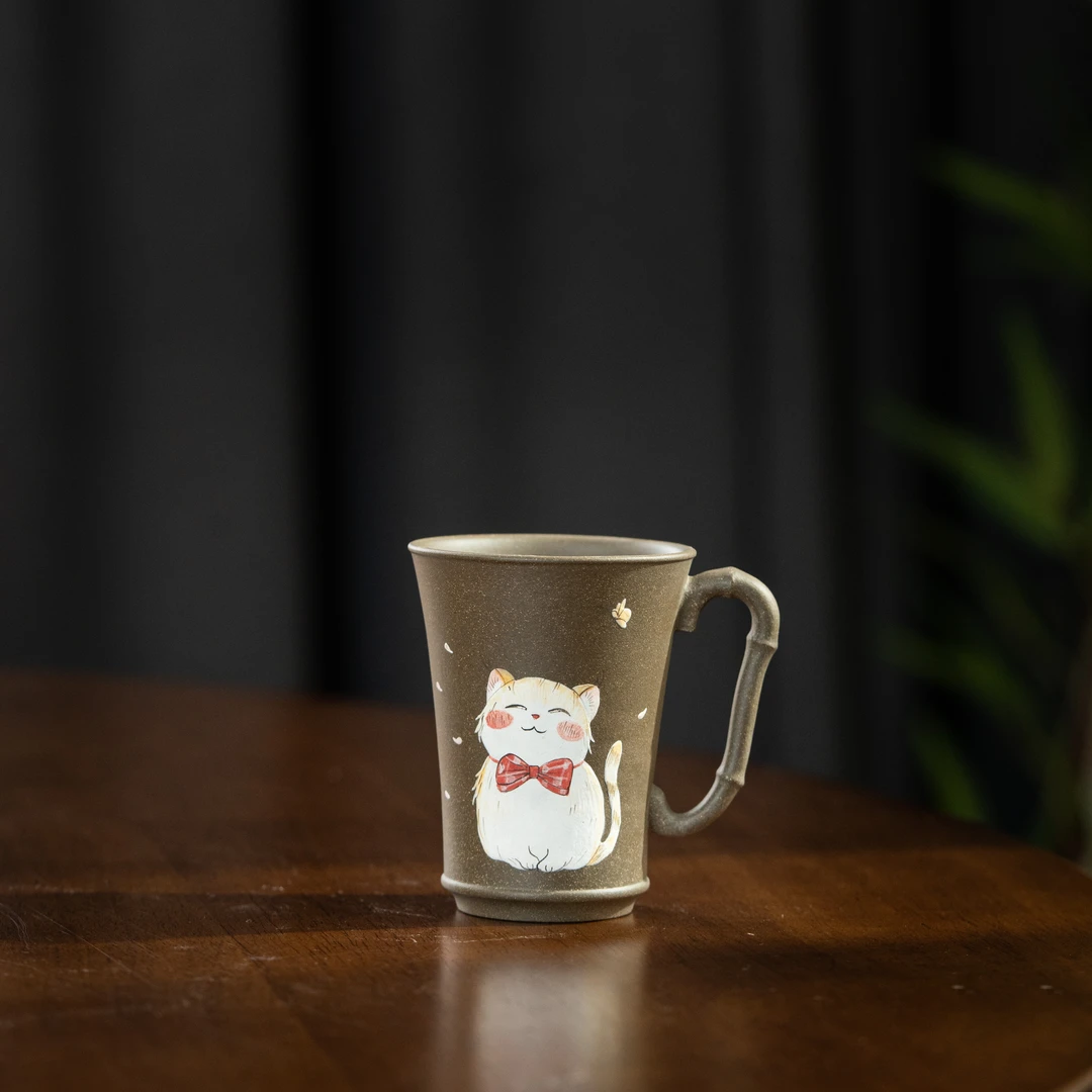 珽珽茶器 猫咪戏蝶手把杯 青段 122cc 瓷器茶周边茶具