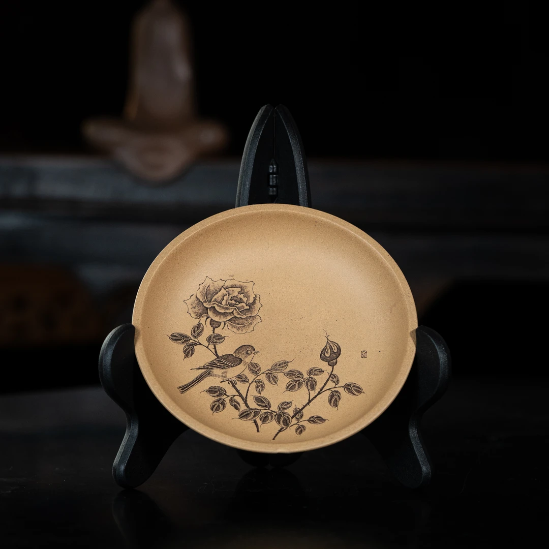 珽珽茶器 查越刻 望月壶承（刻玫瑰）段泥 直径13.5cm 家用茶周边