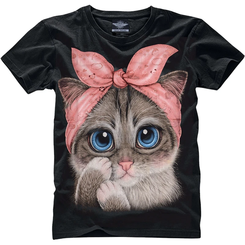ROCKYEAH 精品小猫蝴蝶结夜光T恤纯棉面料圆领黑色时尚 潮流