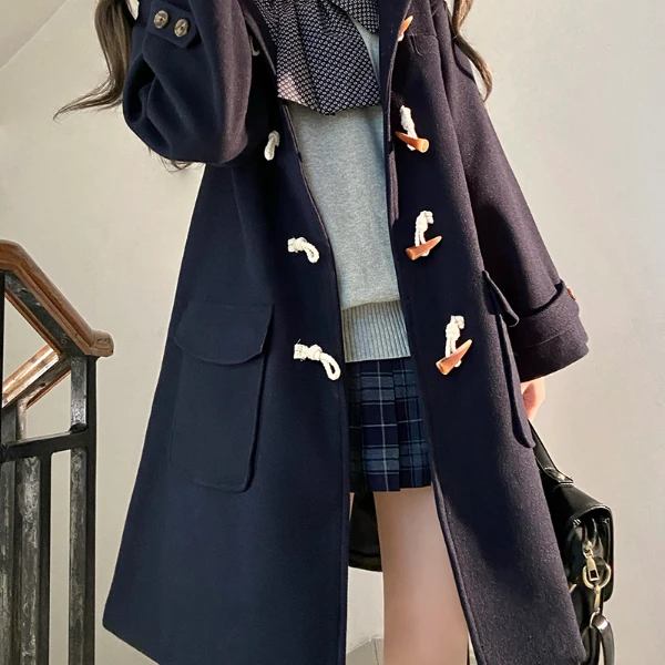 【揽月岛JK】学院风校供制服牛角扣大衣女秋冬季日系毛呢外套薄款