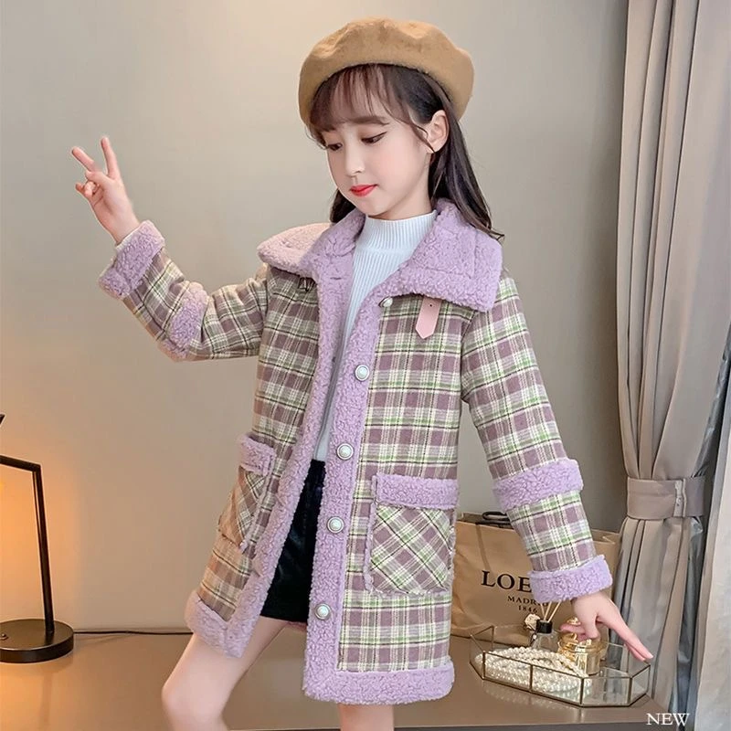 女童秋冬装毛呢外套2023新款大童儿童装羊羔毛春秋款加绒加厚秋季