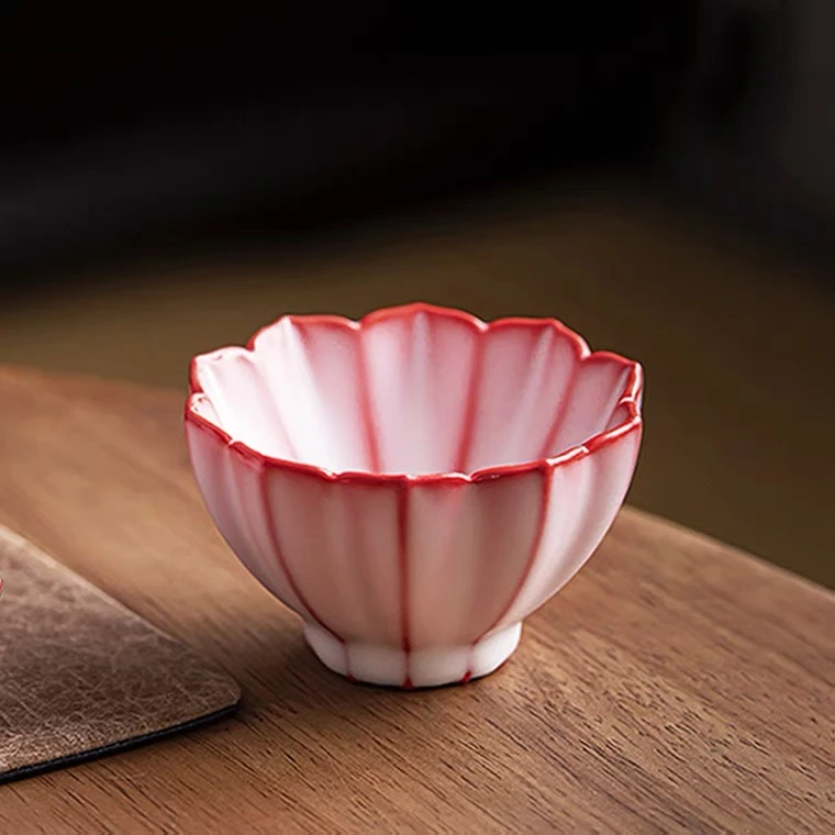 猪油冻红胎汝窑花瓣高端陶瓷主人杯A3134