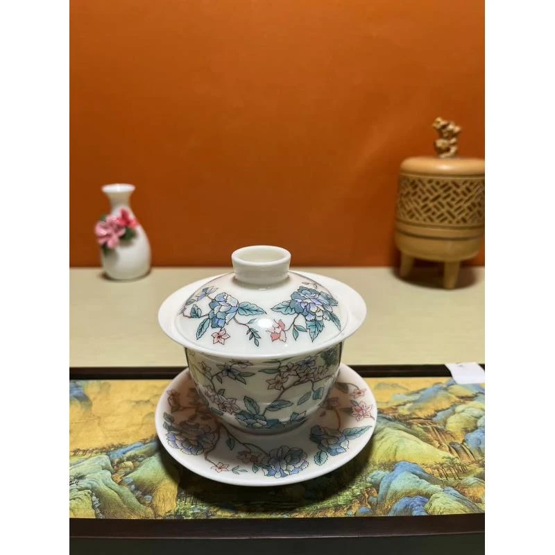 山茶花三才高端陶瓷单盖碗S08002