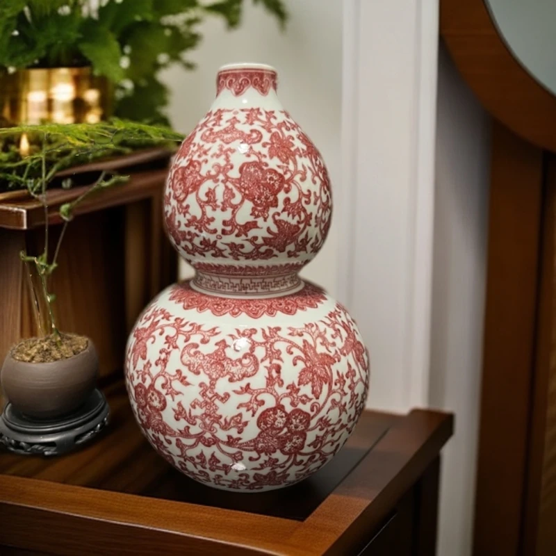 精品原矿釉里红 全手工手绘陶瓷花瓶 缠枝纹 全点工工艺古法烧制