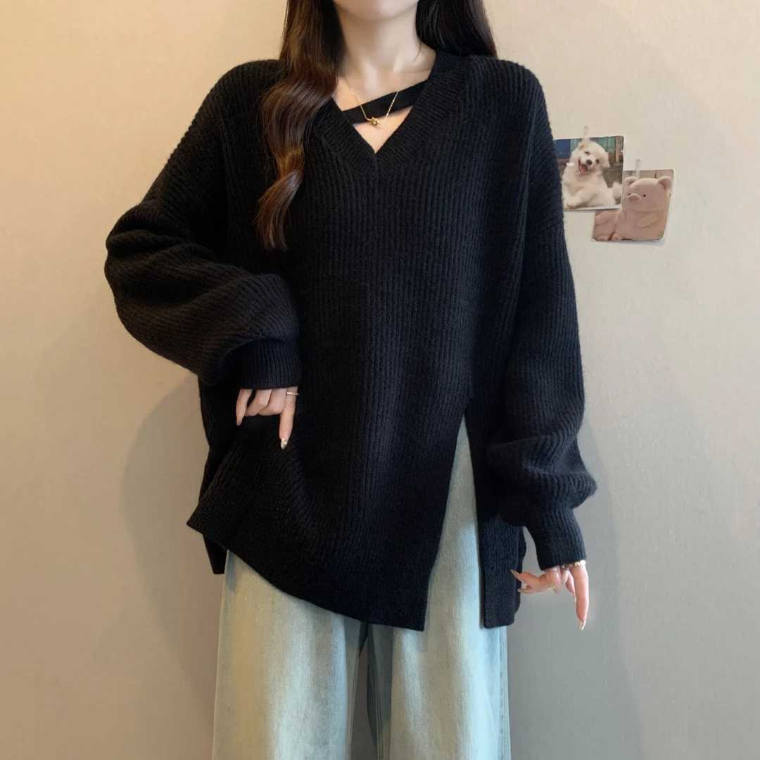 秋冬大码胖mm小心机黑色V领针织衫毛衣女慵懒风宽松显瘦开叉上衣