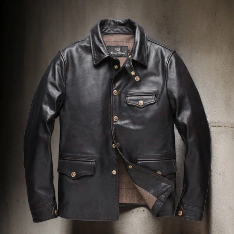 独角兽金扣司闸员茶芯黑马皮1.4厚重水洗复古做旧外套皮衣皮夹克
