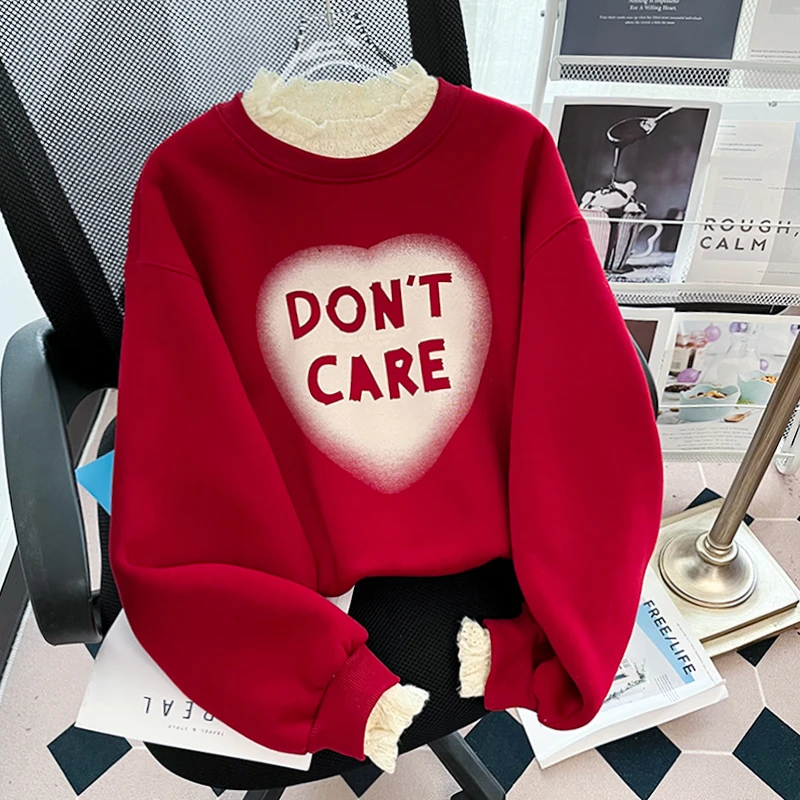 2025春秋假两件新年红色卫衣女减龄宽松慵懒蕾丝拼接圆领长袖上衣