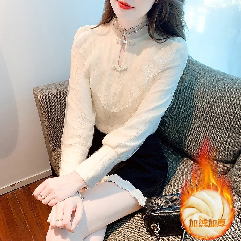 加绒加厚立领盘扣内搭蕾丝衫女2025秋冬新款洋气百搭木耳边打底衫