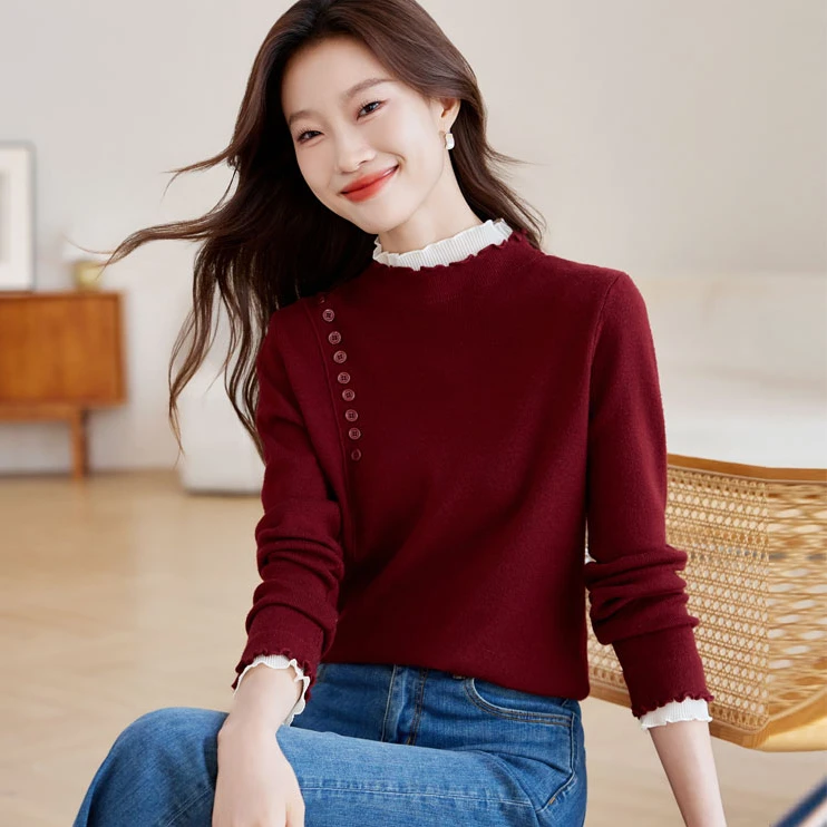 法式木耳边立领红色长袖针织衫女高级感复古洋气打底上衣春秋爆款