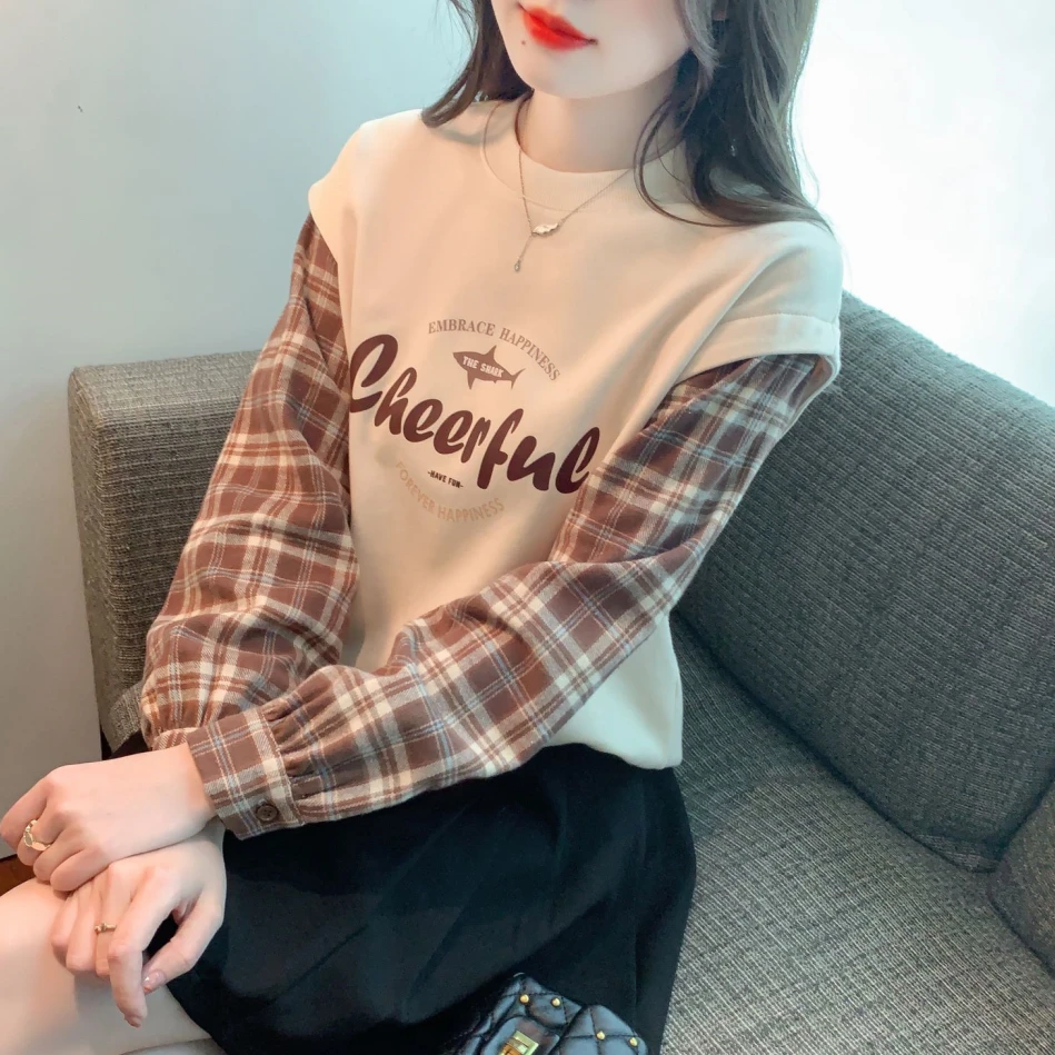 复古假两件长袖卫衣女装春秋季2025新款圆领宽松小个子百搭上衣服