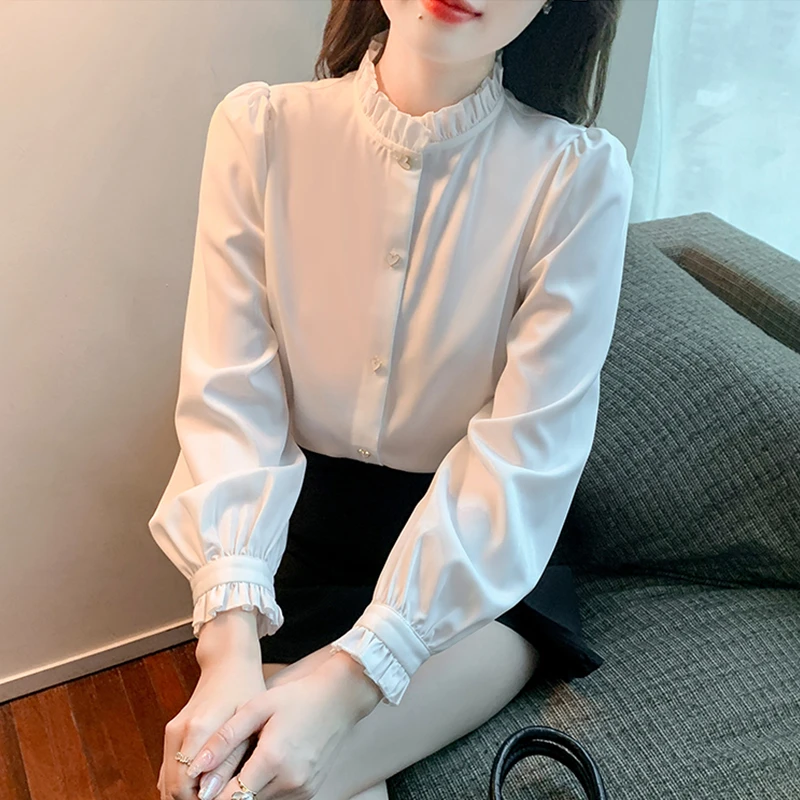 退货高 法式优雅气质长袖雪纺衬衫女士白色半高领打底衫上衣