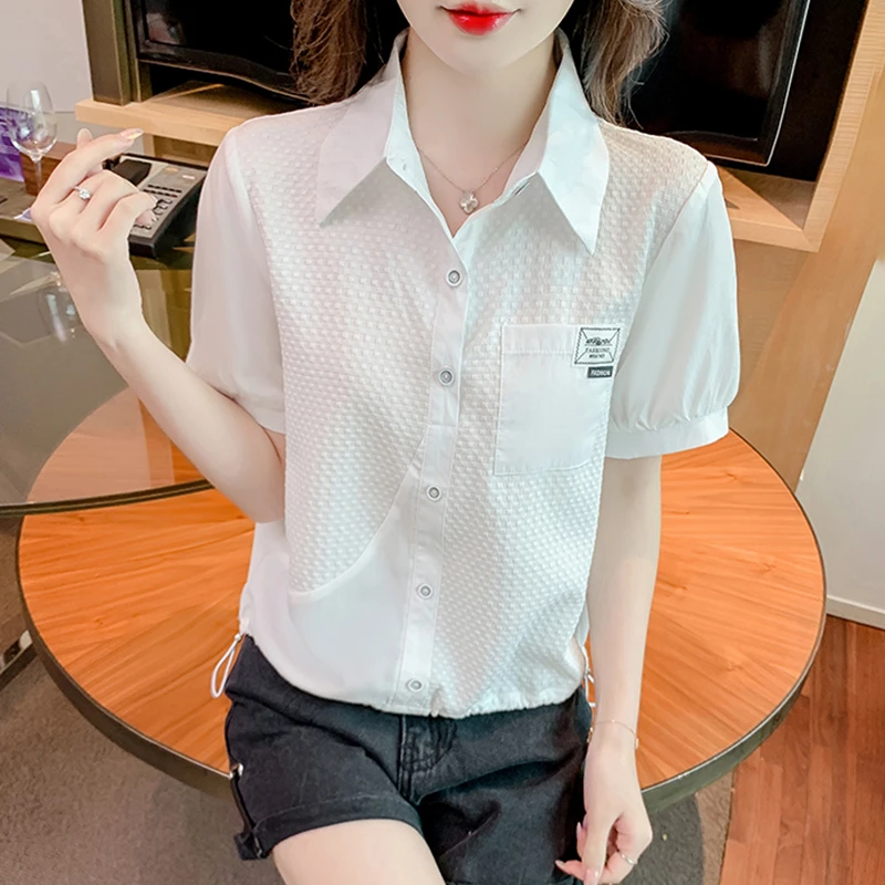 雪纺短袖衬衫女夏季2025新款时尚洋气别致法式上衣遮肚子减龄衬衣