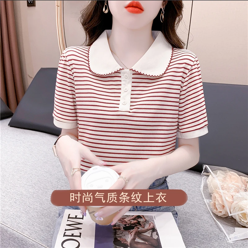 polo领条纹正肩短袖t恤女士夏装新款洋气娃娃领显瘦上衣漂亮小衫