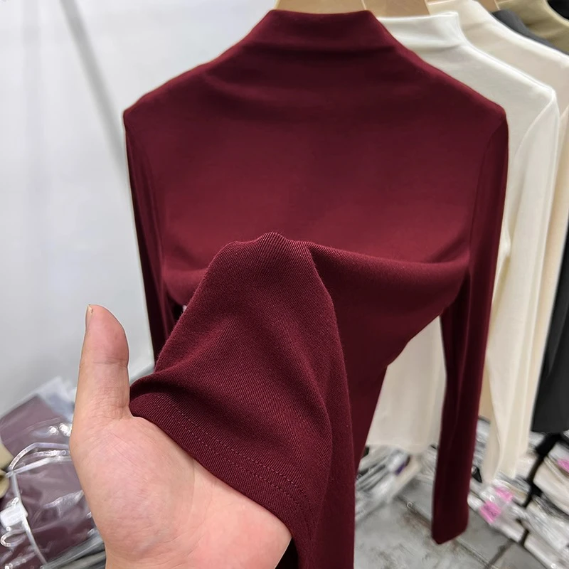 安哥拉红半高领打底衫女秋冬保暖磨毛绒长袖t恤修身显瘦内搭上衣