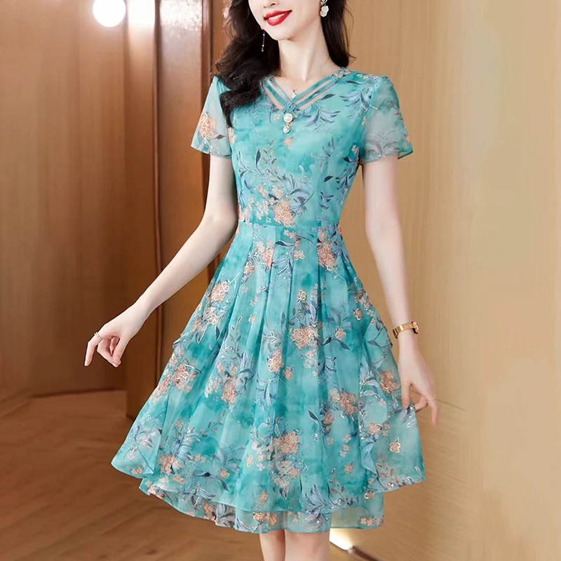 夏装大码遮肚中长款碎花短袖连衣裙女妈妈装气质收腰显瘦A字裙子