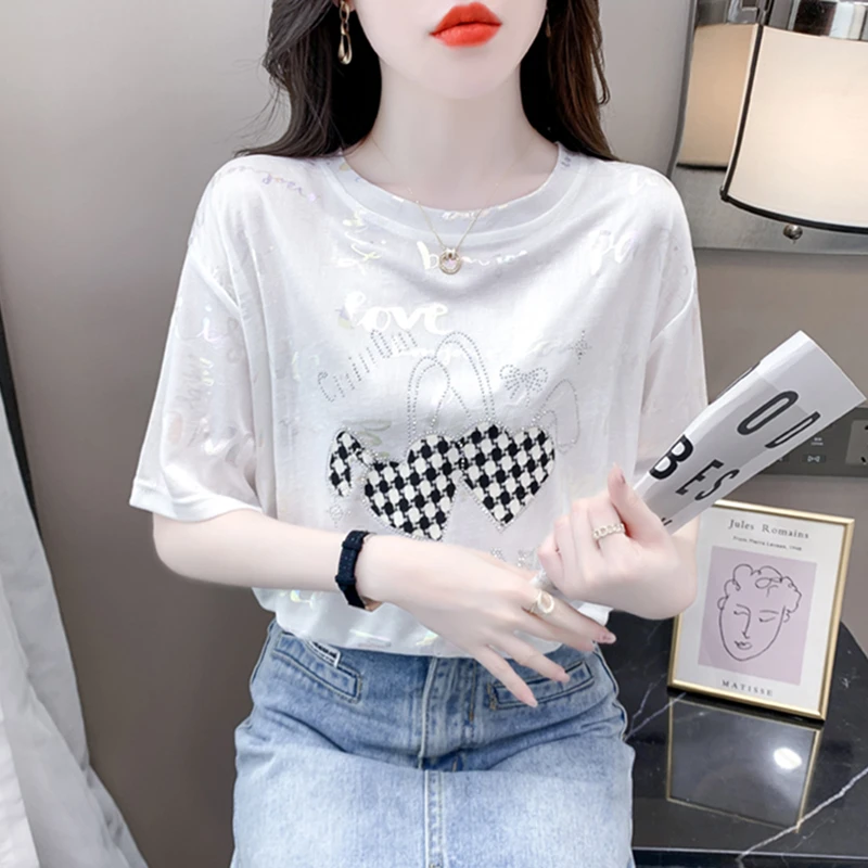 冰丝圆领短袖白T恤女士2025夏季新款宽松显瘦时尚减龄遮肚子上衣