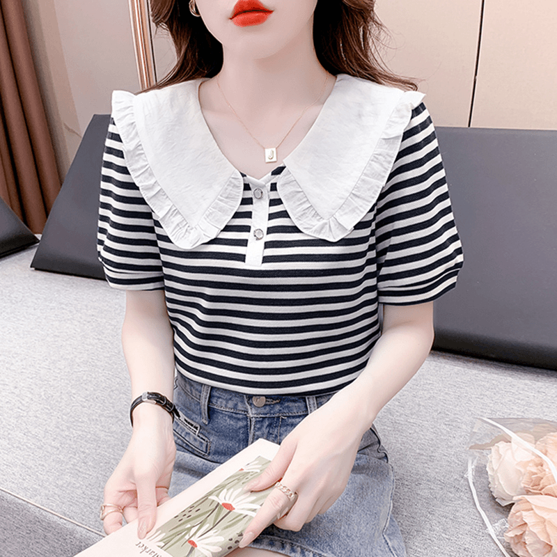 夏季别致上衣女款时尚娃娃领泡泡短袖条纹T恤夏季小众设计感正肩