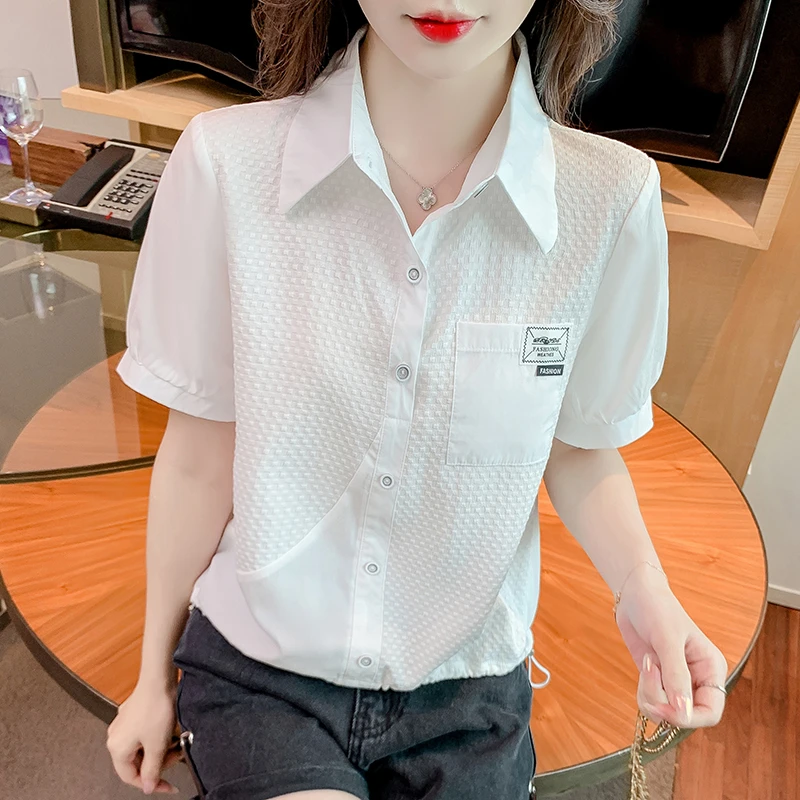 POLO领短袖T恤白色衬衫女装2025年夏季新款减龄小衫洋气雪纺上衣