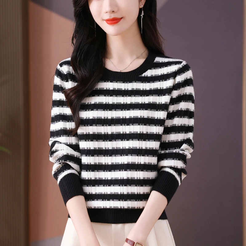 圆领套头毛衣女2024秋季新款绵美丽针织衫长袖上衣妈妈条纹打底衫