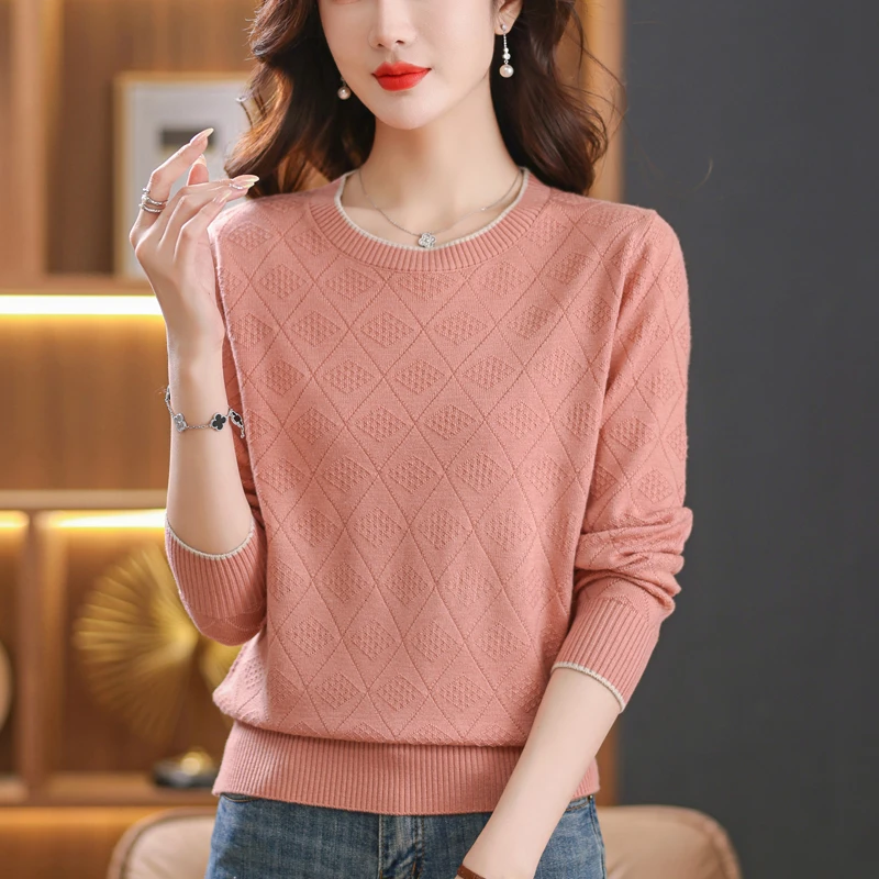 美丽衫薄款镂空针织衫洋气小衫女秋装2023年新款毛衣低领打底衫秋