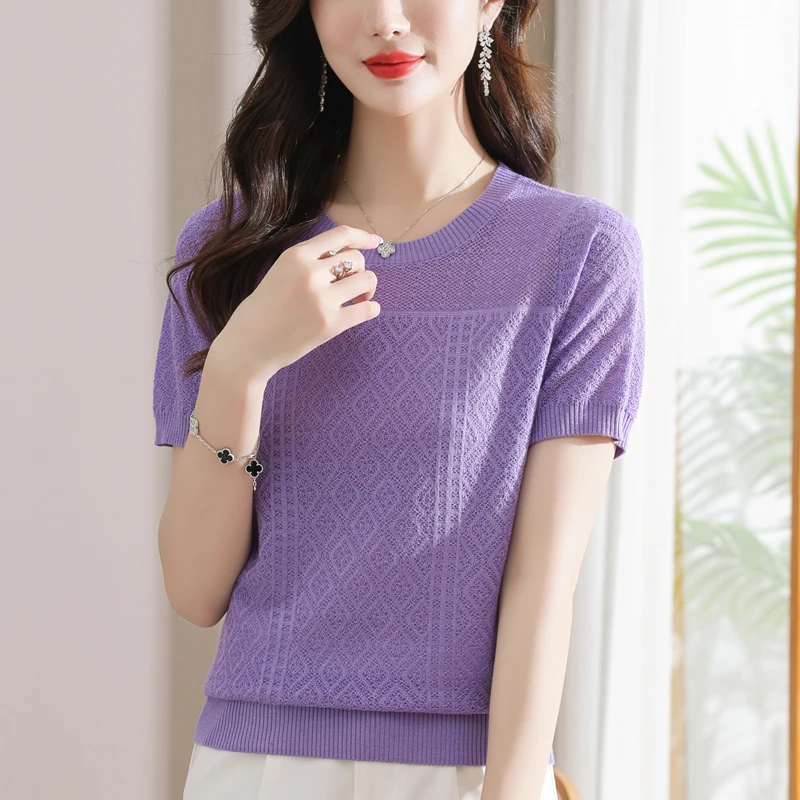 易澈2024夏季圆领短袖T恤女士镂空提花设计洋气减龄天丝针织上衣