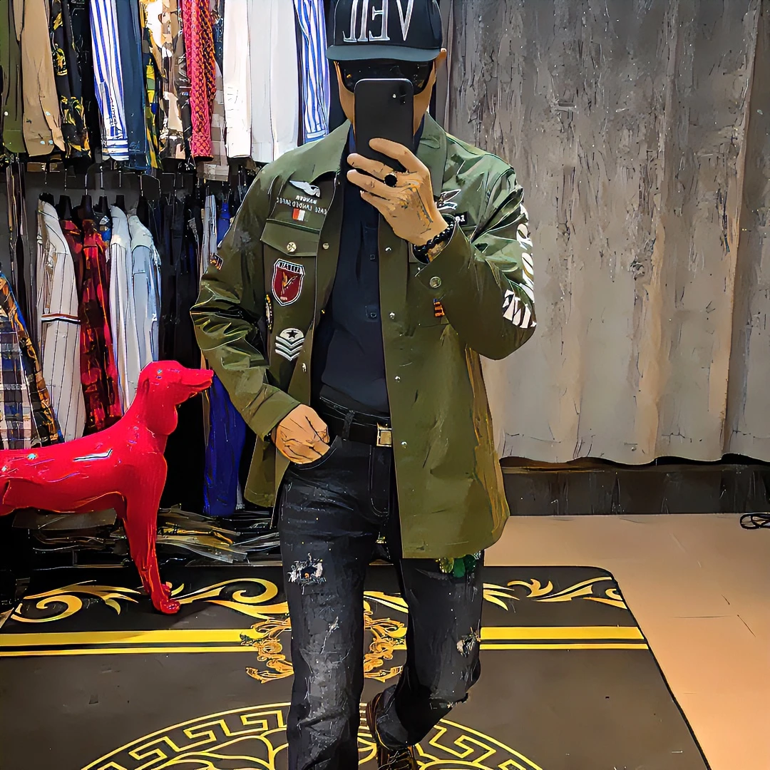 【WMH名品】时尚品质多标休闲绿色外套二色夹克潮流春季工装春秋