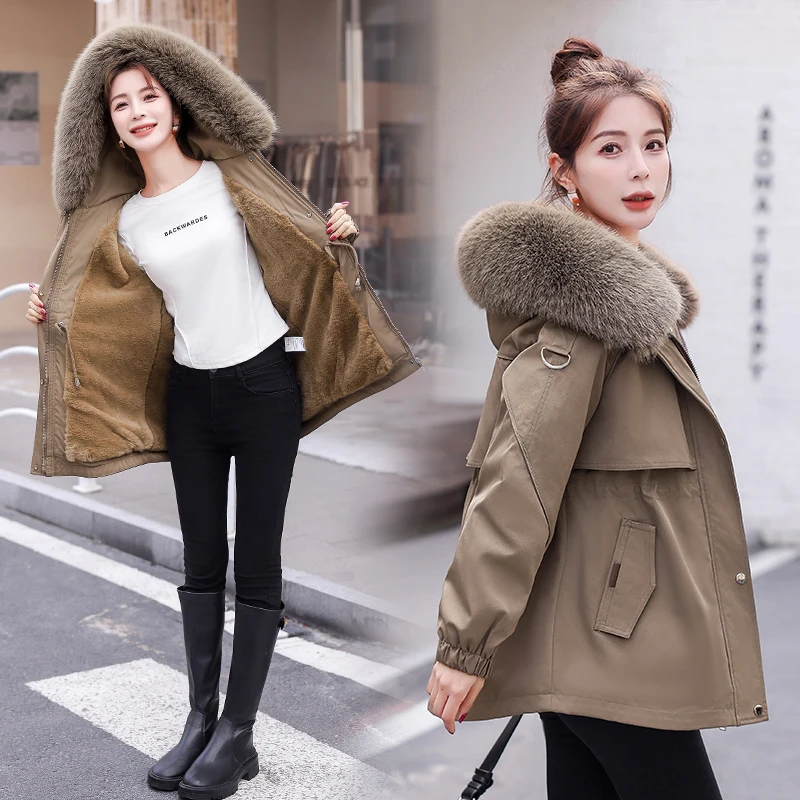 【多米家】2023新款女装韩版休闲加绒加厚毛领派克服宽松大码外套