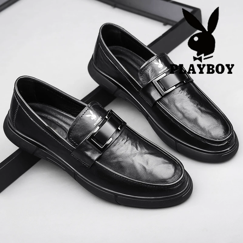 PLAYBOY皮鞋男感休闲商务英伦潮流休闲软底黑色一脚蹬男鞋豆豆鞋