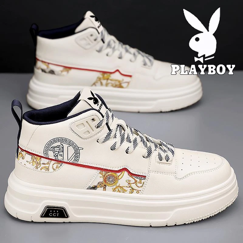 PLAYBOY高帮鞋子男鞋冬季新款青少年中学生厚底增高真皮休闲板鞋