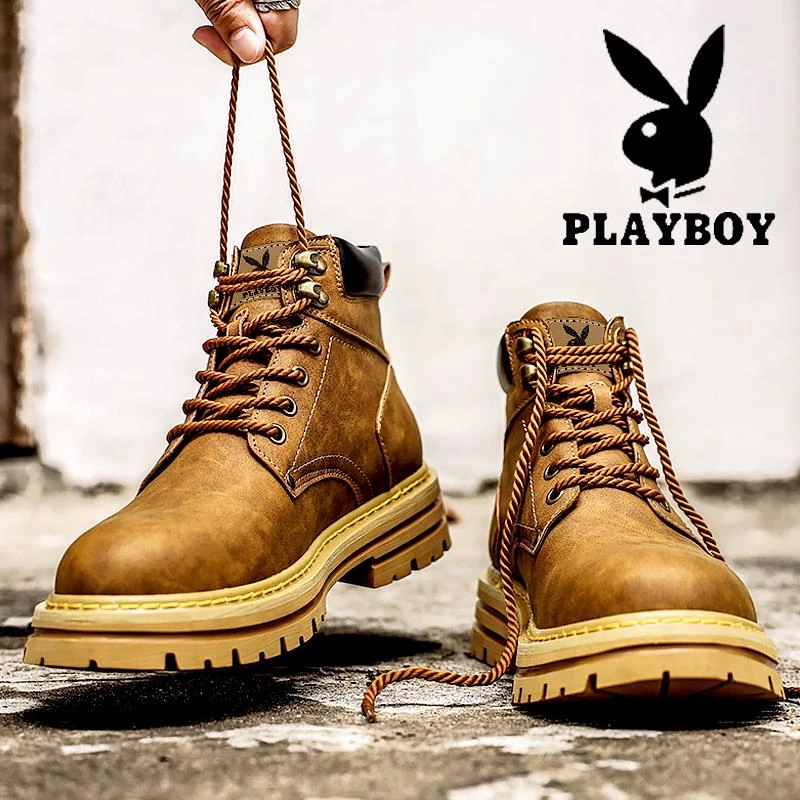 PLAYBOY切尔西靴男皮面美式复古防磨耐滑黄男鞋秋冬款马丁靴男鞋