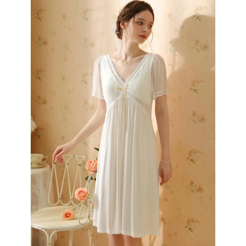 法式睡裙女款夏季2024新款高腰显瘦网纱莫代尔棉短袖睡衣裙带胸垫