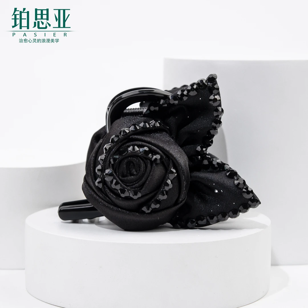巴黎王妃 黑玫瑰8厘米气质优雅玫瑰花百搭抓夹FB1080点钻黑8