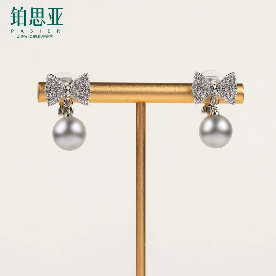 合金树脂耳饰 铂思亚 无耳洞可带  灰珠气质蝴蝶结珠FS8489