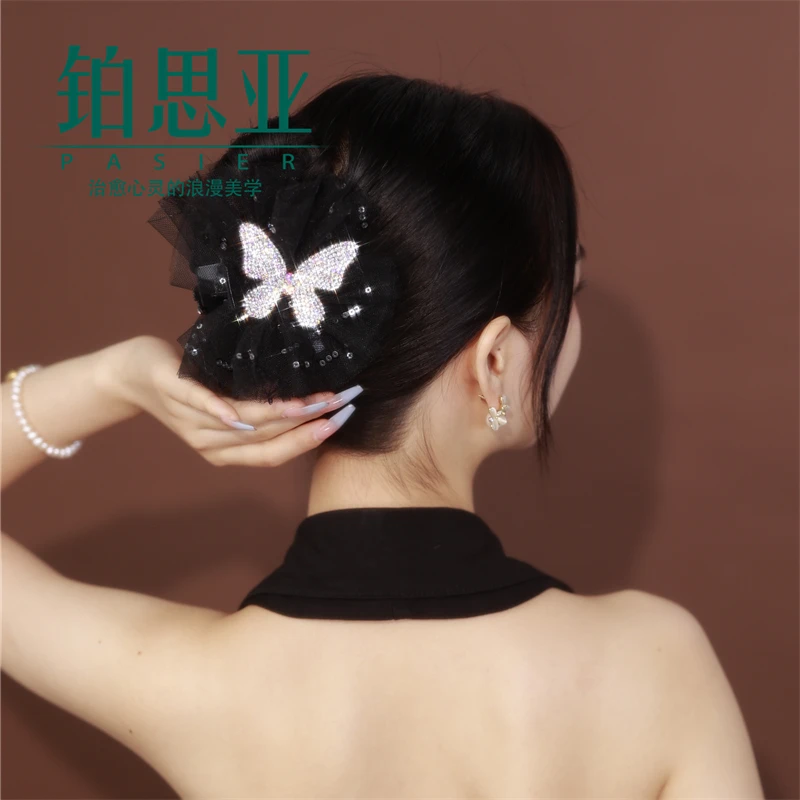铂思亚 非金属布艺发饰 蕾丝亮片布艺双面彩色锆石蝴蝶小号抓夹