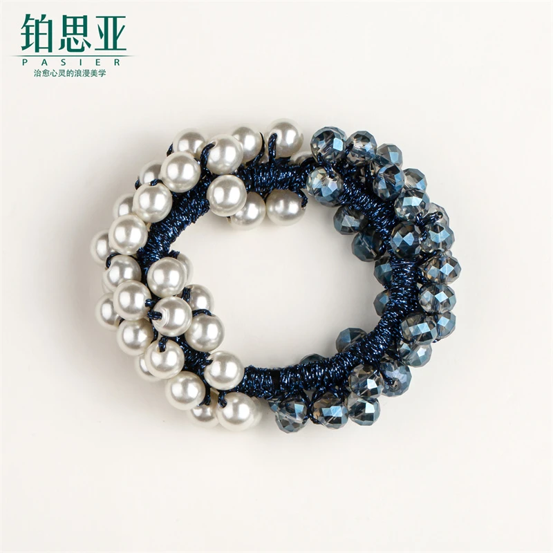 铂思亚 网红气质韩版优雅珠珠头绳简约发绳扎马尾头饰FS9002蓝白