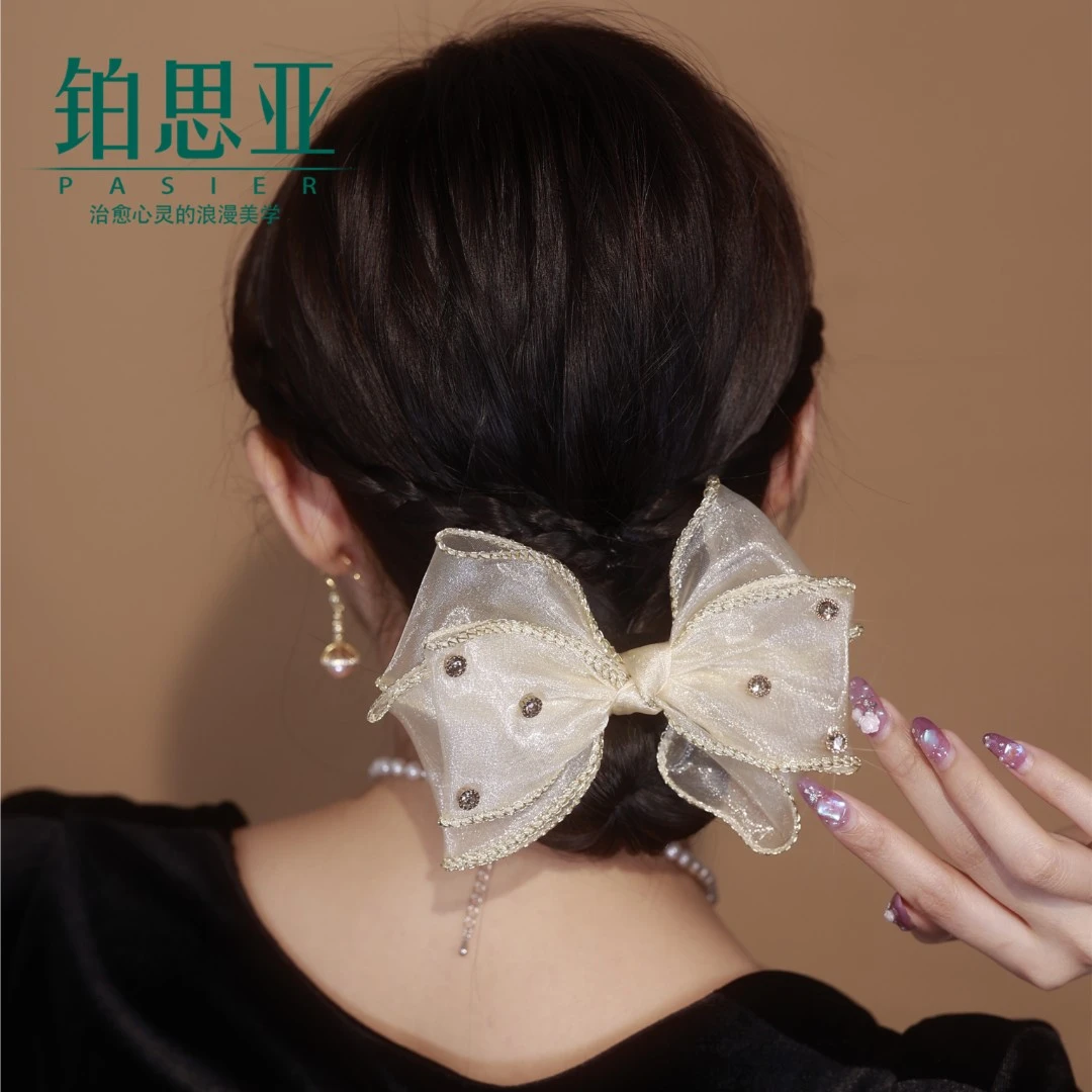 铂思亚浪漫ins复古日韩网纱蝴蝶结镶锆发圈发饰头饰FS471米