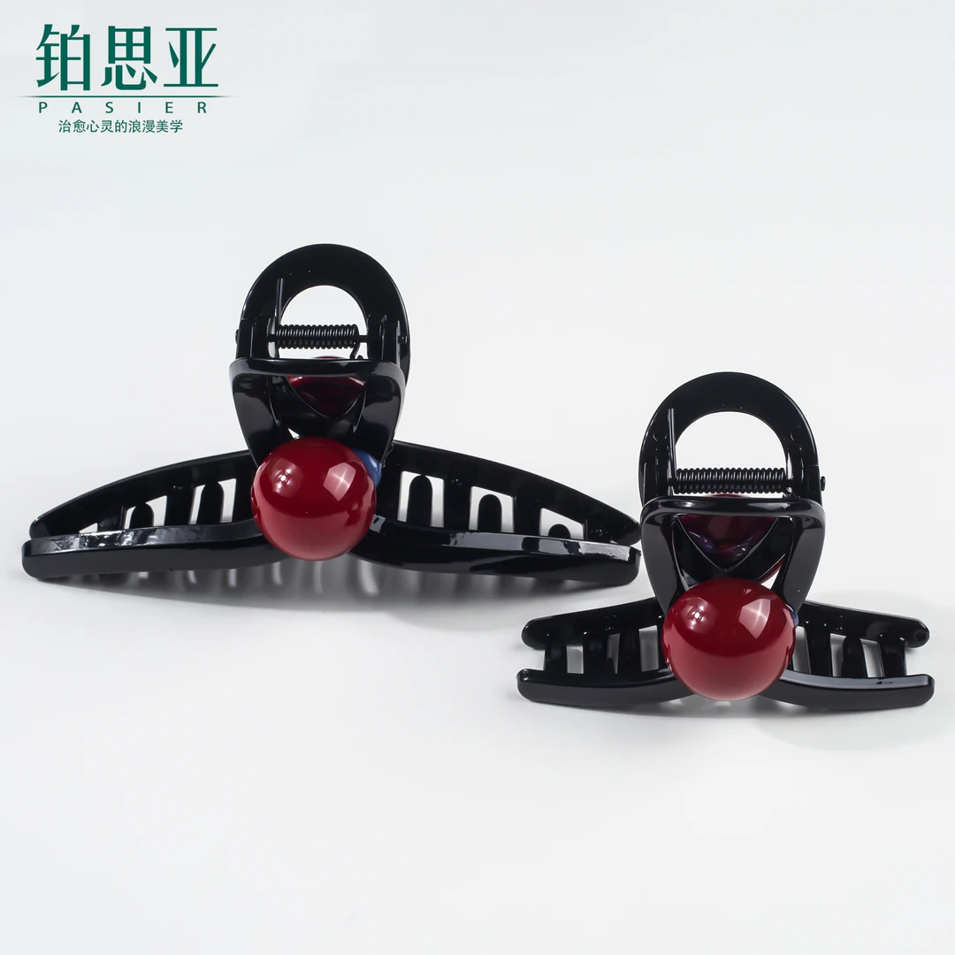 铂思亚【彤红】气质优雅时尚简约抓夹 FS8353黑底红珠13