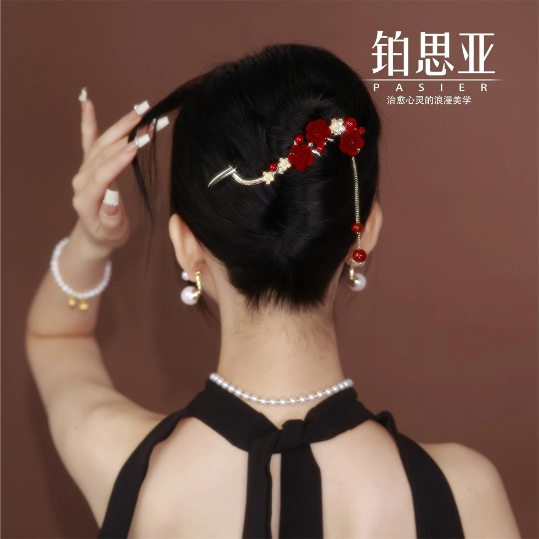 铂思亚气质素款精致红色甜美花花珠珠扭扭夹FS200红