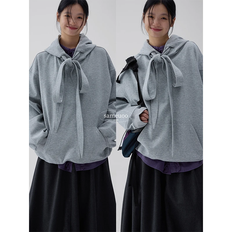 sameuoo 蝴蝶结系带灰色连帽长袖宽松纯色日系春季休闲百搭卫衣