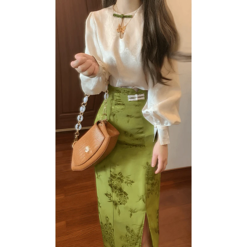 新中式国风复古改良盘扣衬衫旗袍女长袖提花上衣半身裙两件套