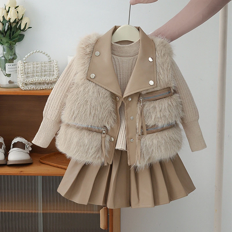 巴拉童年女童秋冬加绒套装2024新款洋气毛衣宝宝坎肩儿童皮马甲三