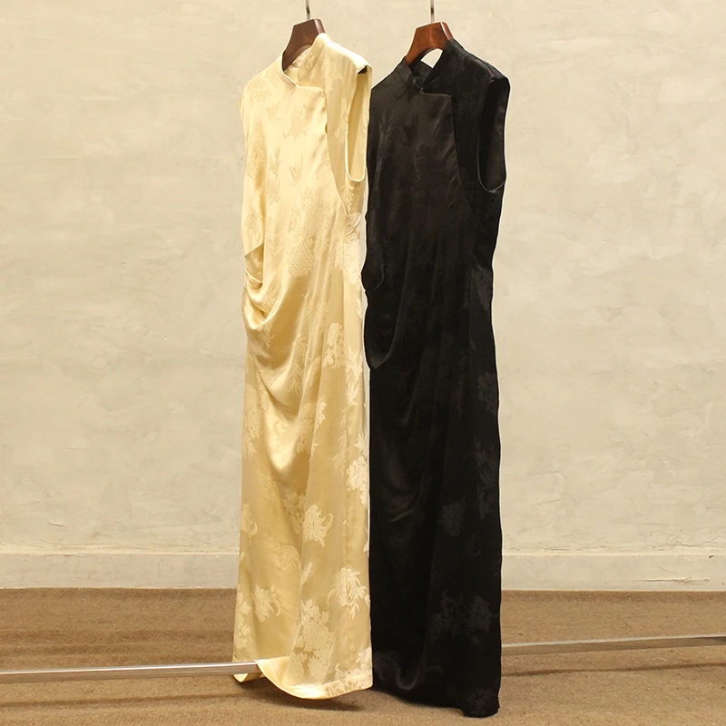 清风集夏季新品旗袍 新中式小立领真丝提花斜襟收腰无袖连衣裙