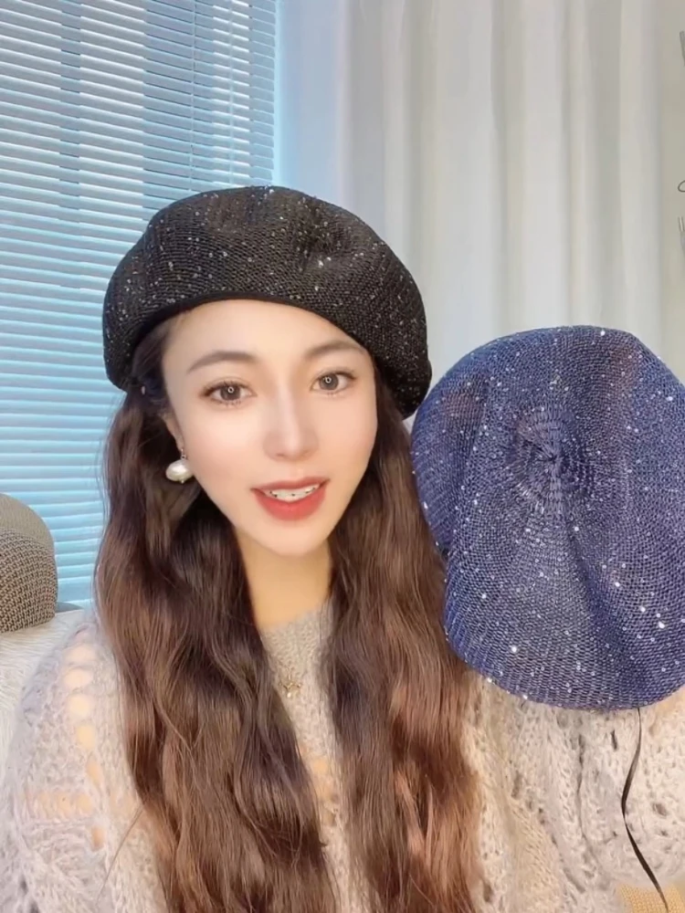 新款贝雷帽子女夏季镂空亮片圆顶街头时尚画家帽百搭显脸小蓓蕾帽