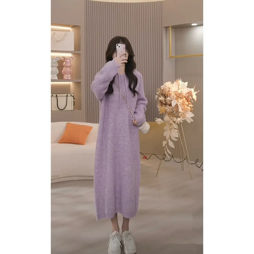 宽松连帽针织裙新款慵懒风连衣裙L1328