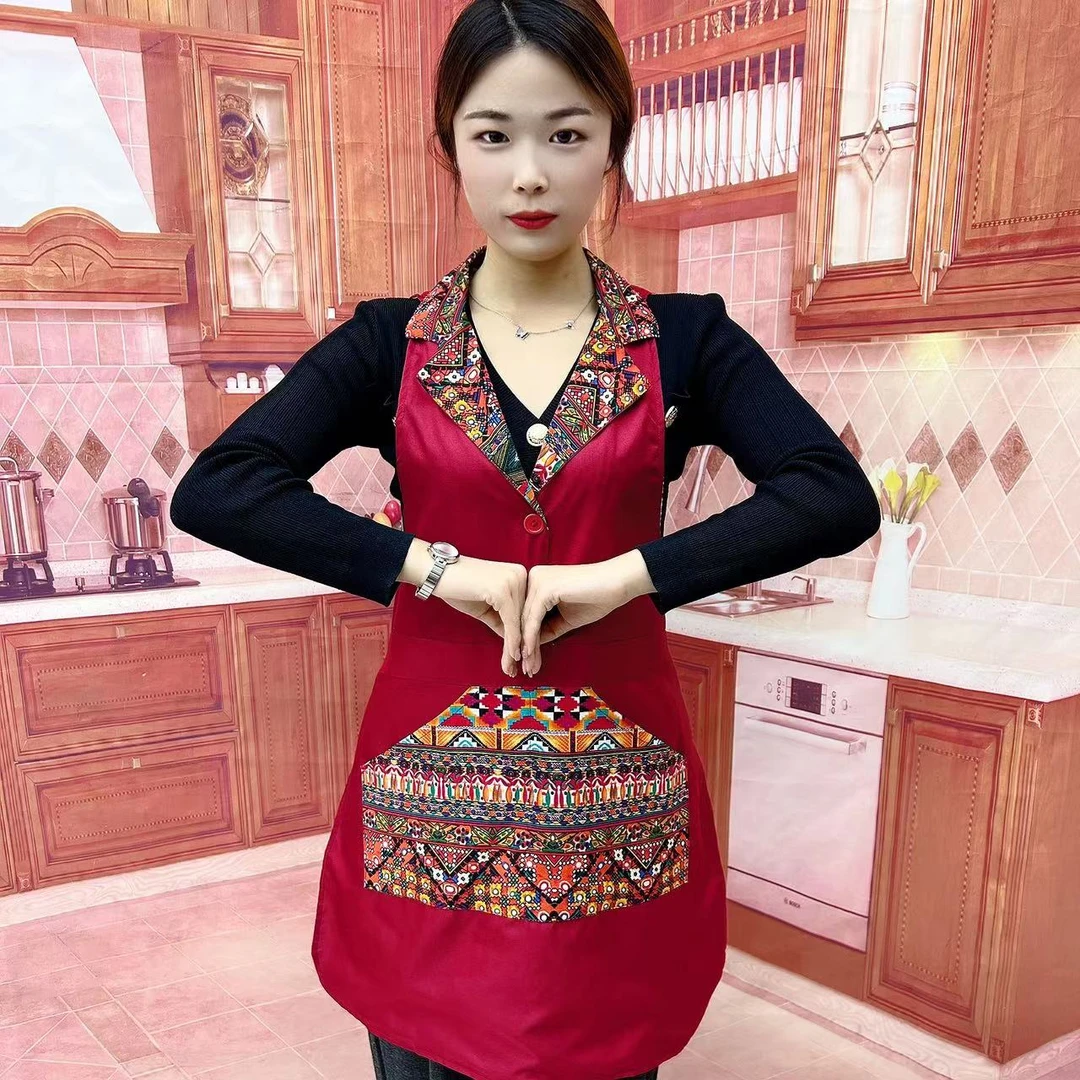 2023新款翻领民族风马甲围裙服务员复古D防污