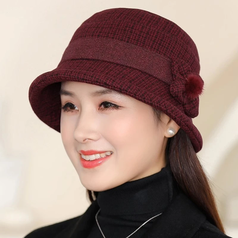 2023秋冬季帽子妈妈盆帽韩版保暖礼帽中老年人毛呢渔夫帽奶奶棉帽