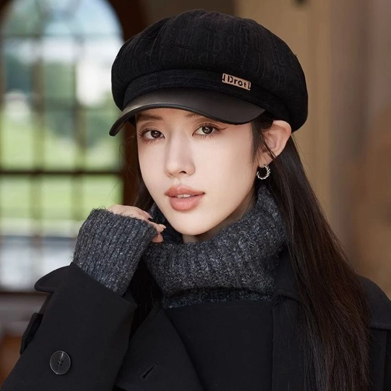 日系新款八角帽显脸小时尚贝雷帽女秋冬文艺复古大头围画家帽子潮