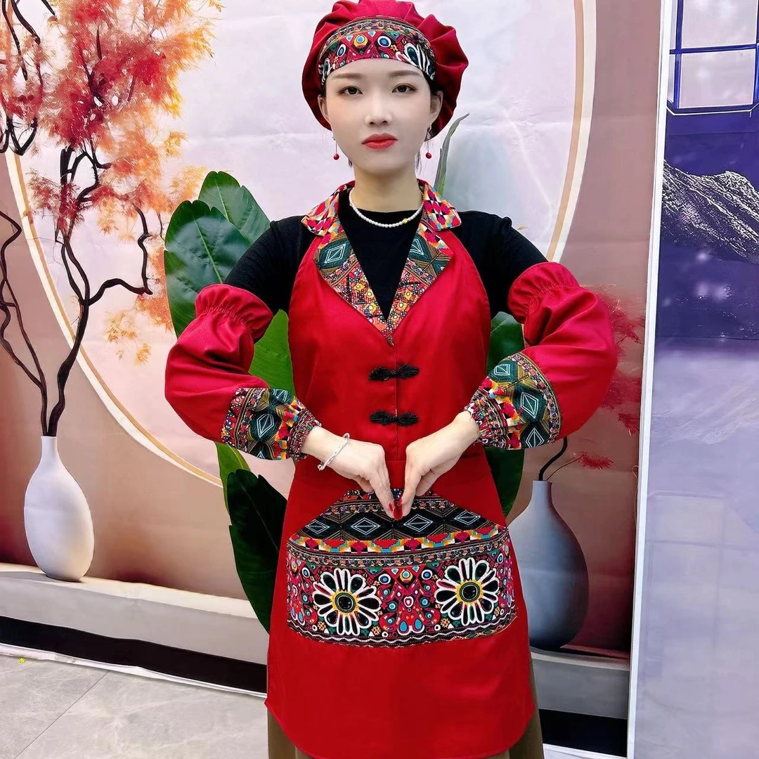 2024新款民族风三件套围裙高档D时尚防水防油碎花中国风花布中式