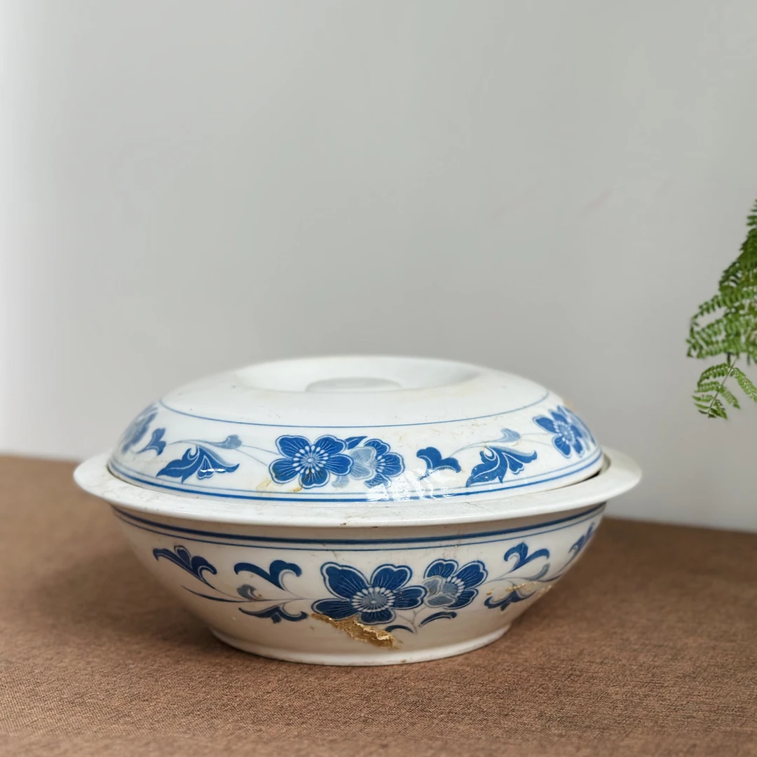 醴陵群力老瓷器23厘米釉下五彩老汤锅兰海棠带盖微瑕