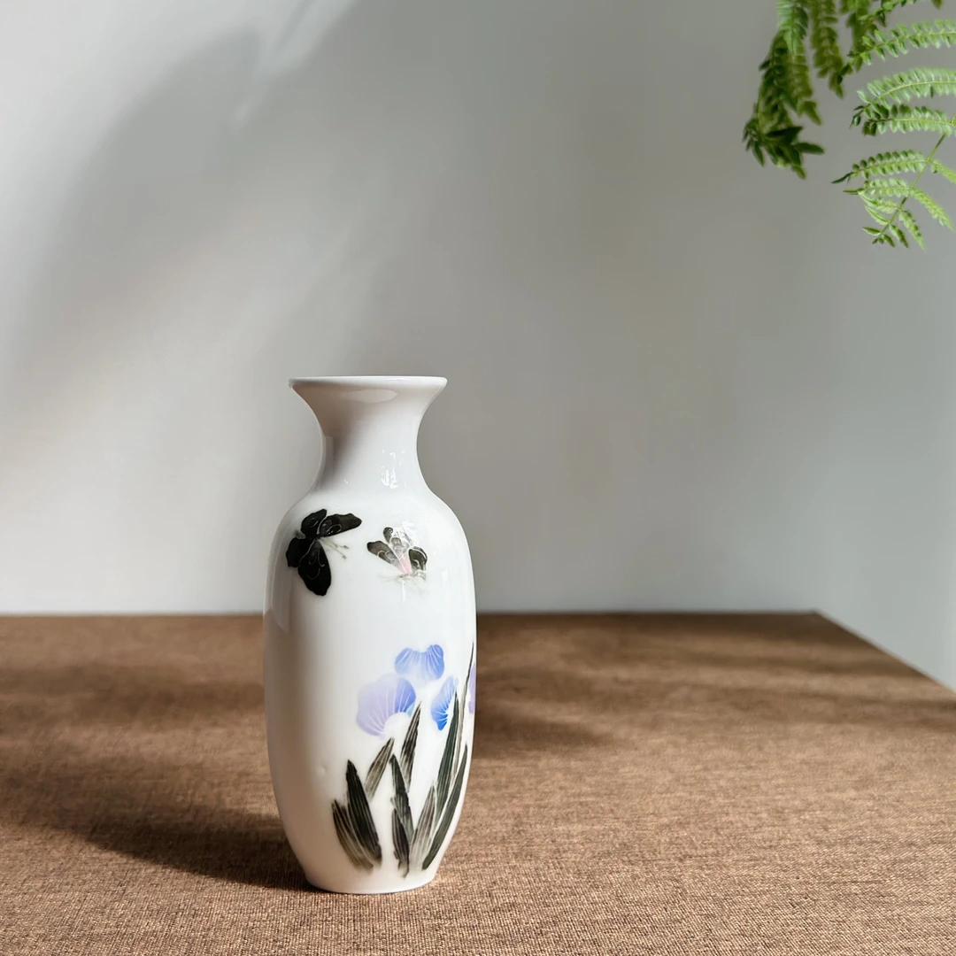 醴陵老瓷器釉下五彩手绘迷你蝴蝶兰小花瓶收藏